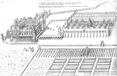 Gravur aus Le premier volume des plus excellents Bastiments de France von Jacques I Androuet du Cerceau. Allgemeine seitliche Vogelperspektive des Château de Gaillon von Jacques I Androuet du Cerceau